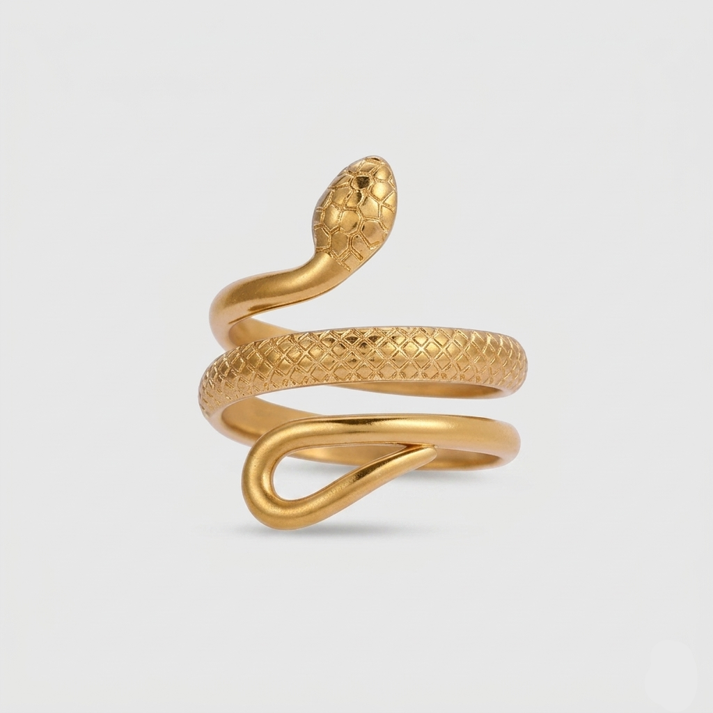 Adjustable serpent wrap ring in 18K gold plated stainless steel with detailed scale texture. Snake design coils around finger with smooth and textured sections. Hypoallergenic, waterproof, weighs 3.4g with 1.8cm width.
