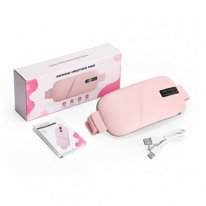 Pink period heating pad with packaging, USB cable, and user manual on a white background