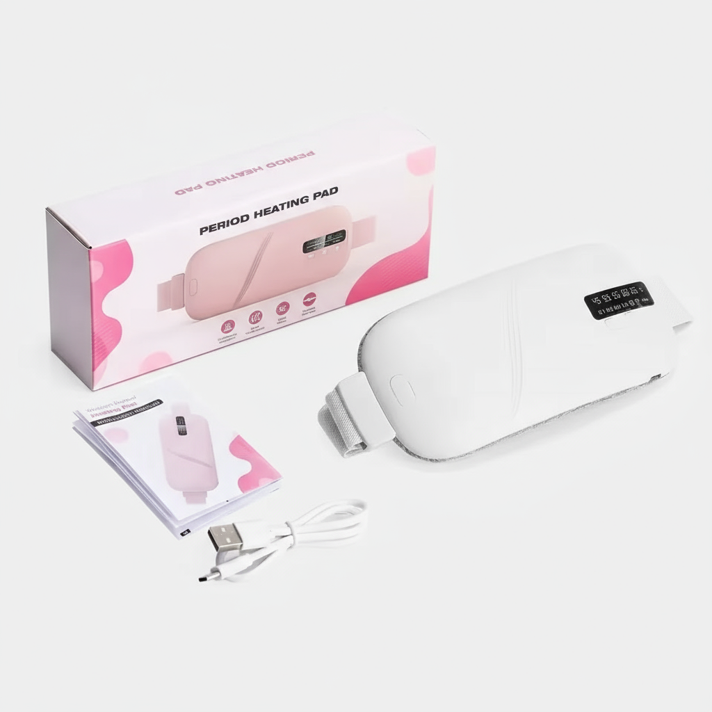 Period heating pad with packaging, USB cable, and user manual on a white background