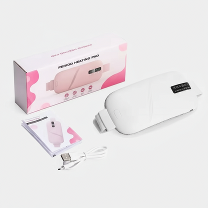 Period heating pad with packaging, USB cable, and user manual on a white background