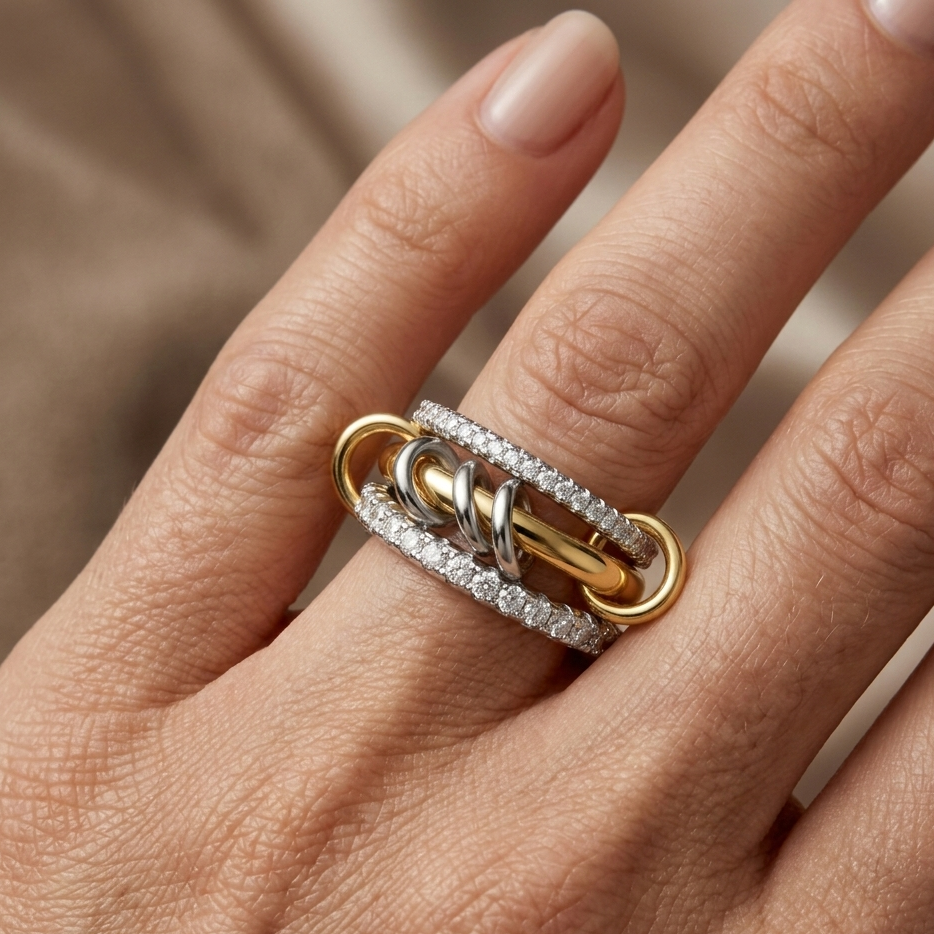 Exquisite interlocking mixed-metal jewellery: a five-band stacking ring with sparkling crystal pave and signature link connectors in gold and silver tones.