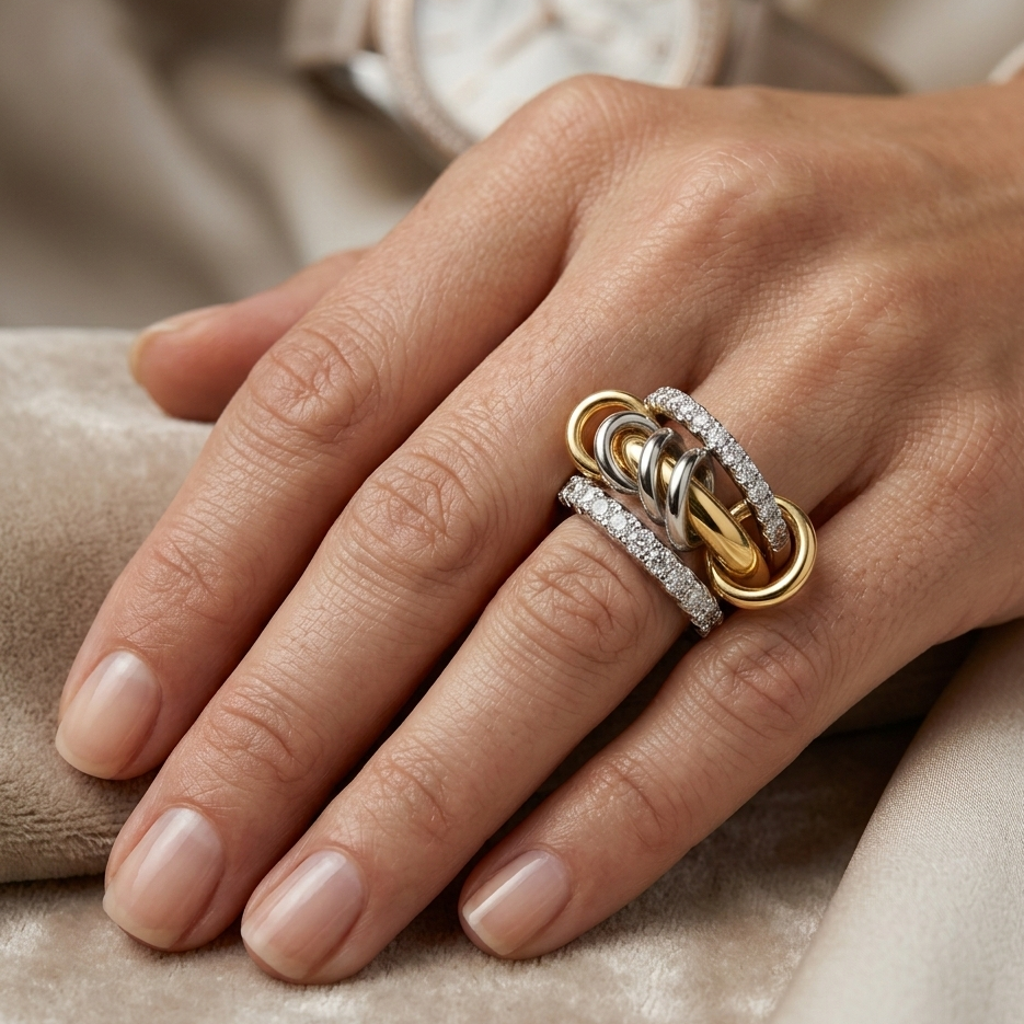 A multi-band linked ring featuring two silver-tone pave-set bands encrusted with diamantes, interconnected by three smooth gold and silver-tone bands with gold-tone link details.