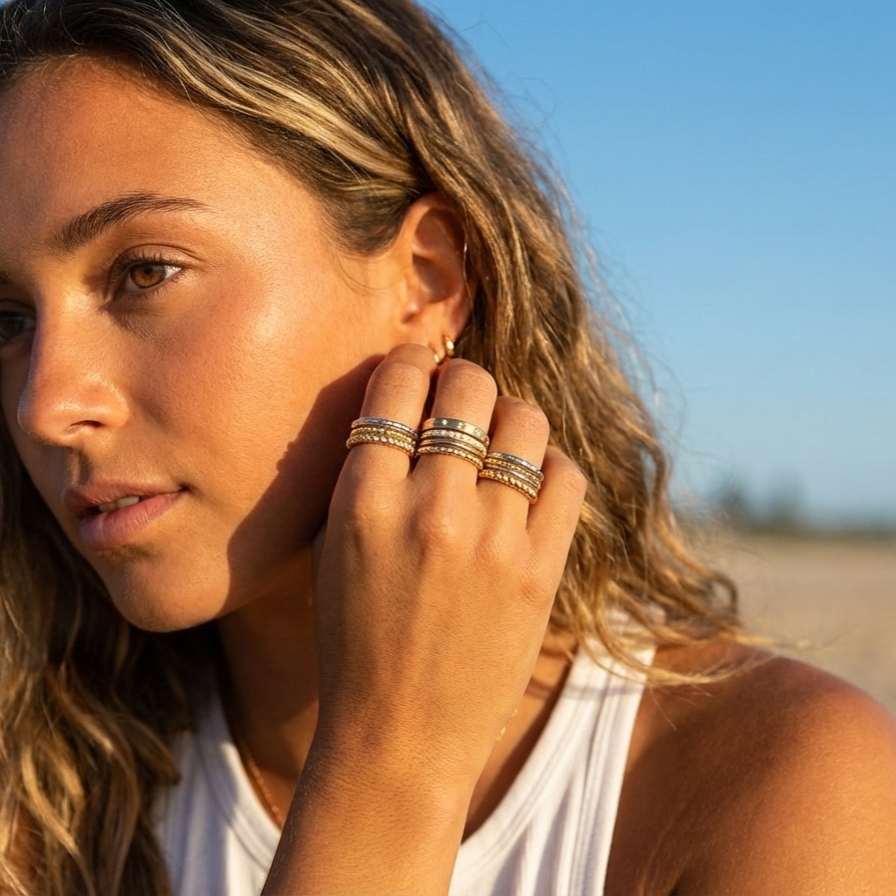 Woman wearing gold earrings and rings outdoors with a clear blue sky.