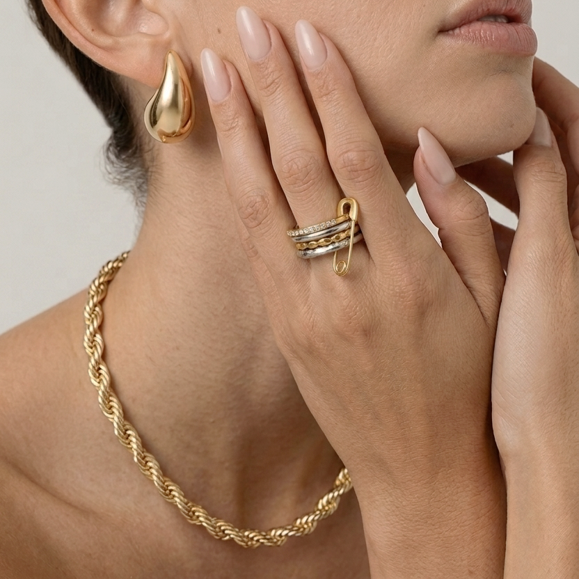 A close-up lifestyle shot of a model wearing a gold safety-pin style stack ring on her finger, along with a matching gold rope necklace and gold teardrop earring.