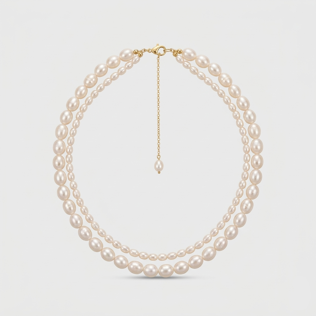 A two-strand pearl necklace featuring a wide herringbone chain and a longer fine chain with a small polished circular pendant.